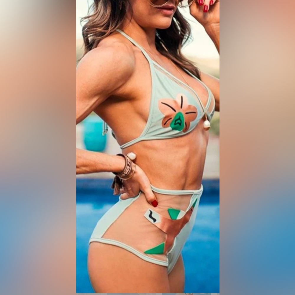 NWT Mos Floresta Mesh Bikini Set Acqua Blue Birds Flower Appliqué Sz M Cheeky‎